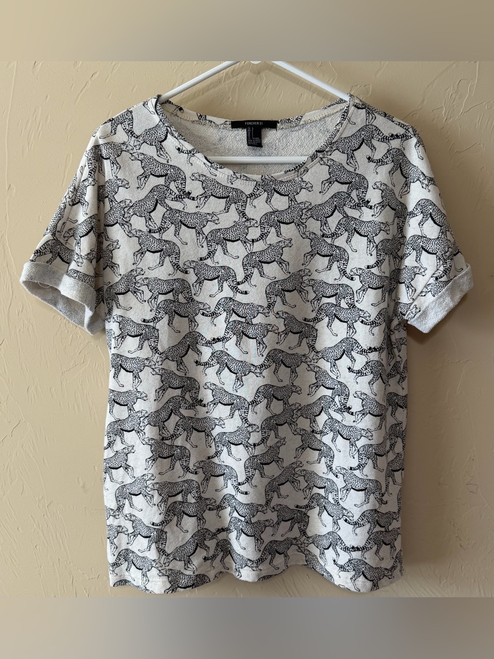 Forever 21 Cream Short Sleeve Top with Black Cheetah Print